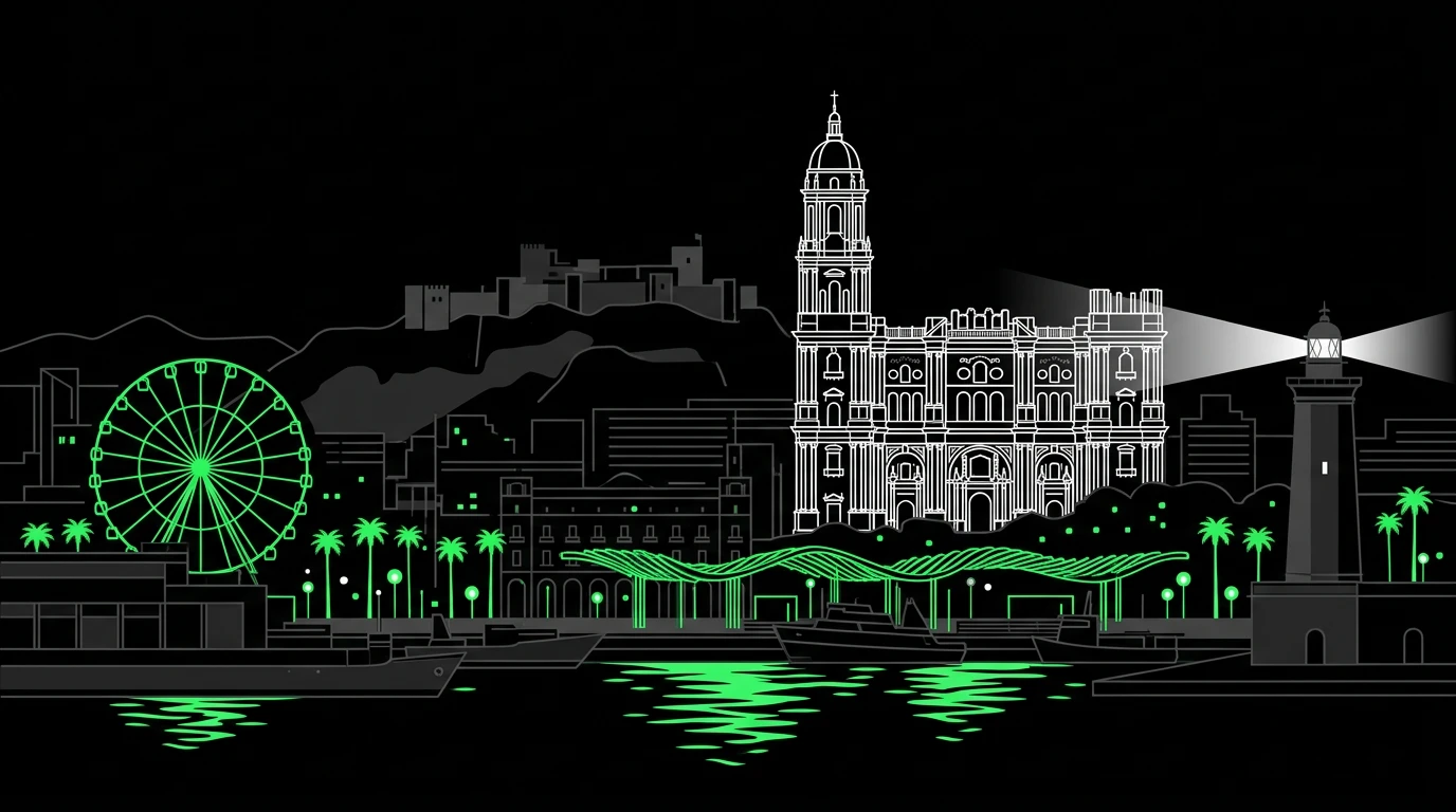 Ilustración del skyline de Málaga en líneas: la noria, el Palmeral de las Sorpresas, la Catedral, la Alcazaba, el faro y el puerto, con reflejos verdes en el agua.